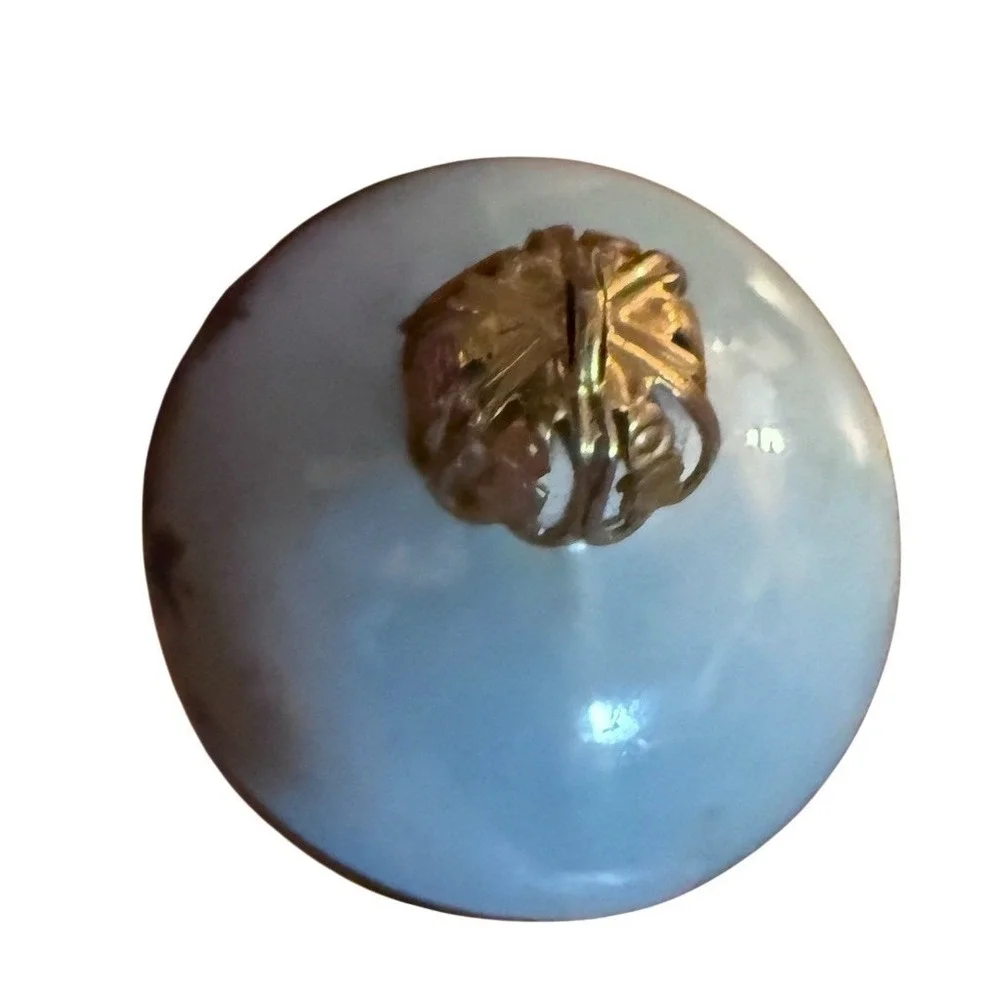 Vintage Christmas Ornament Light Blue Floral Glass Ball Gold Tone Cap glass